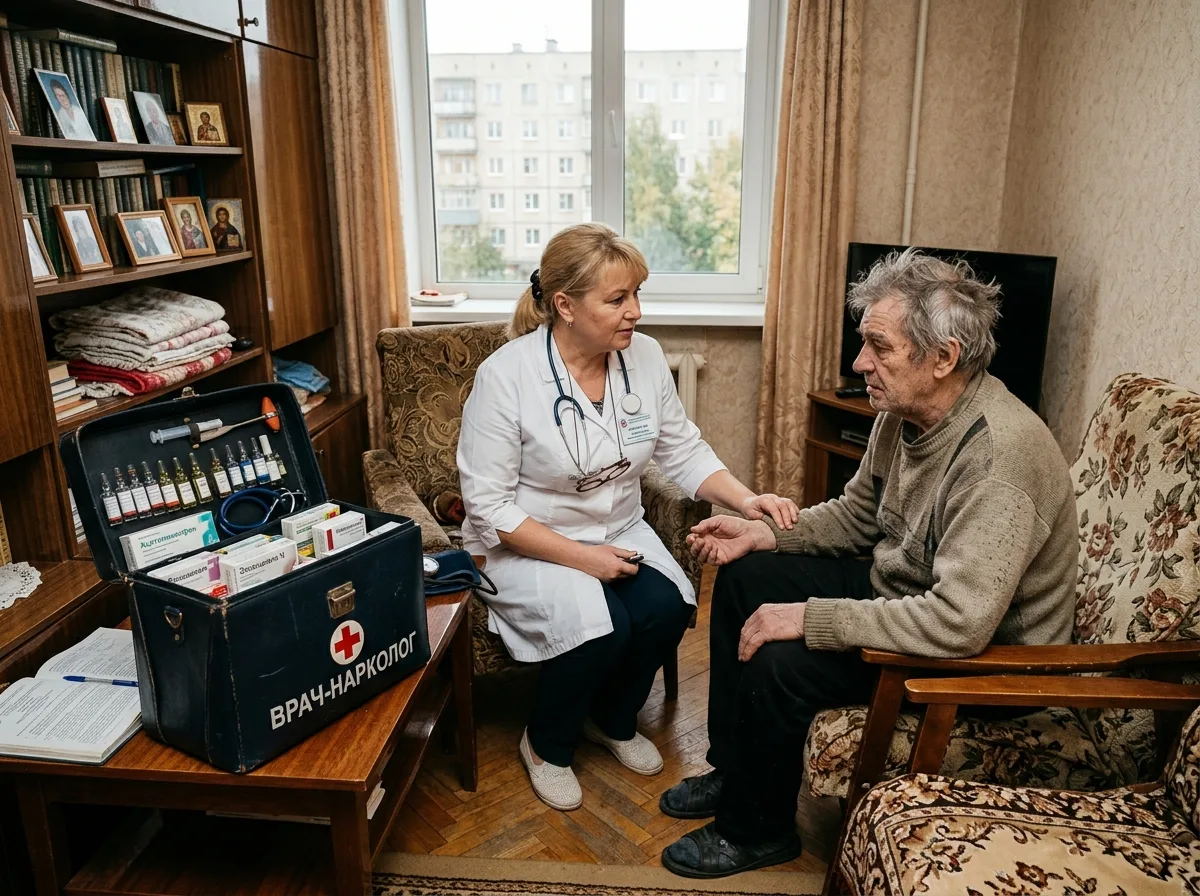 Врач-нарколог высшей категории осматривает пациента дома, медицинская сумка с препаратами, уютная квартира в Воронеже
