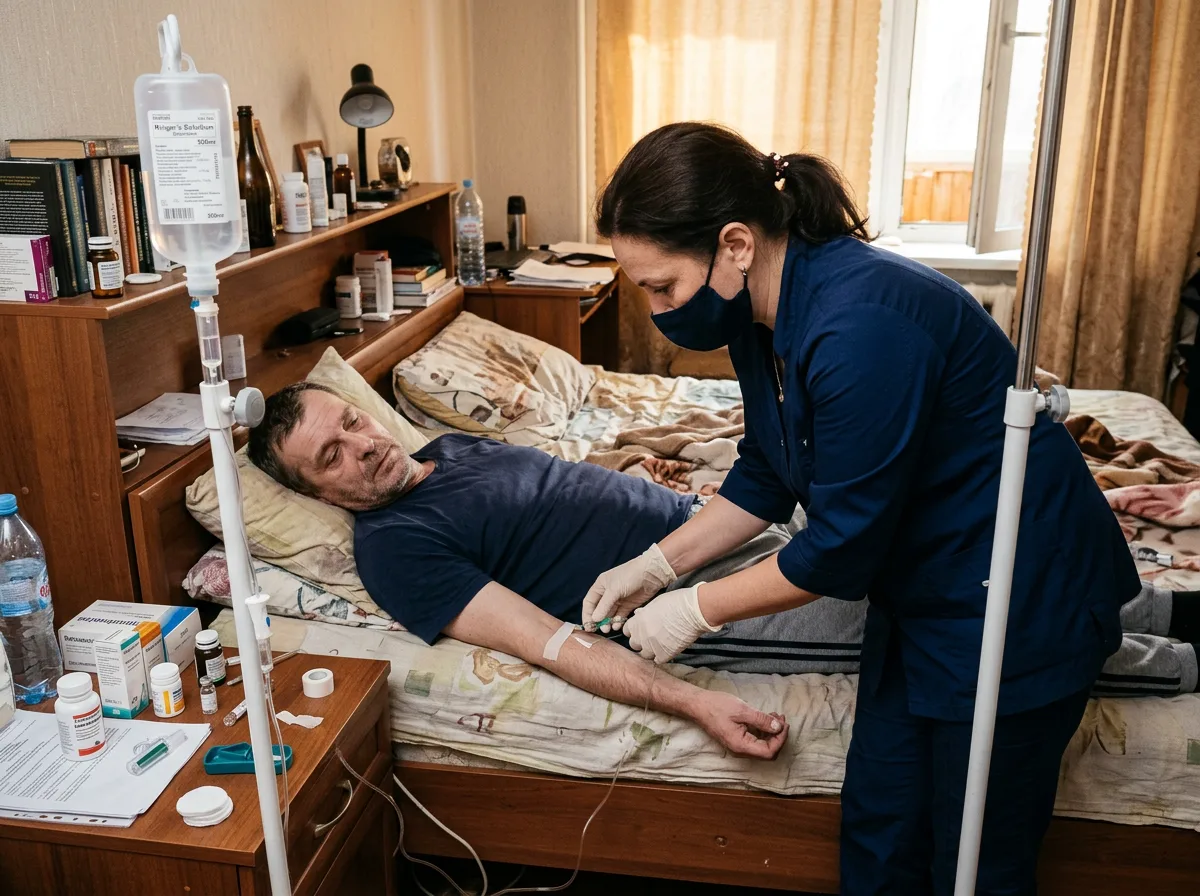 Врач-нарколог ставит капельницу пациенту в постели, детоксикационная терапия при запое, домашние условия