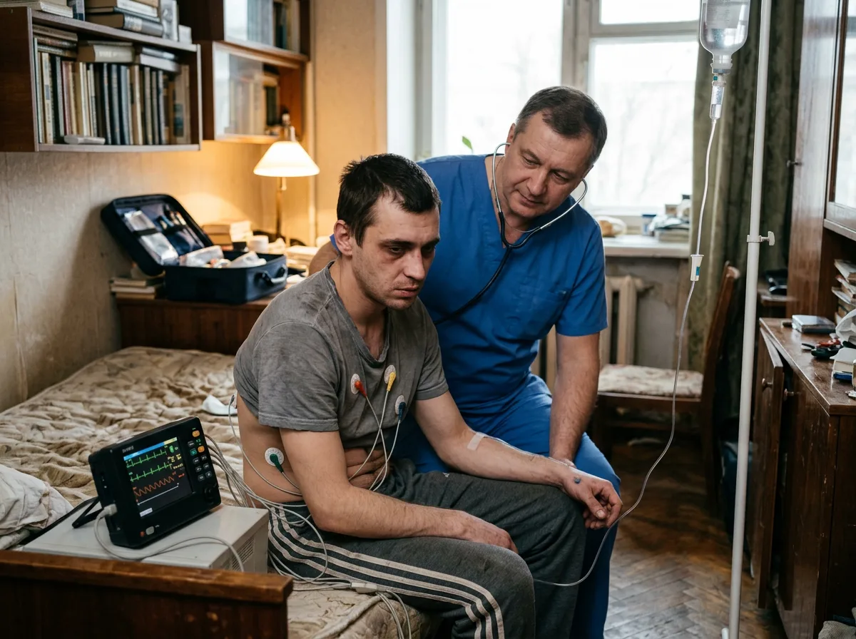 Врач-нарколог осматривает пациента с наркотической ломкой, ЭКГ диагностика, капельница на дому