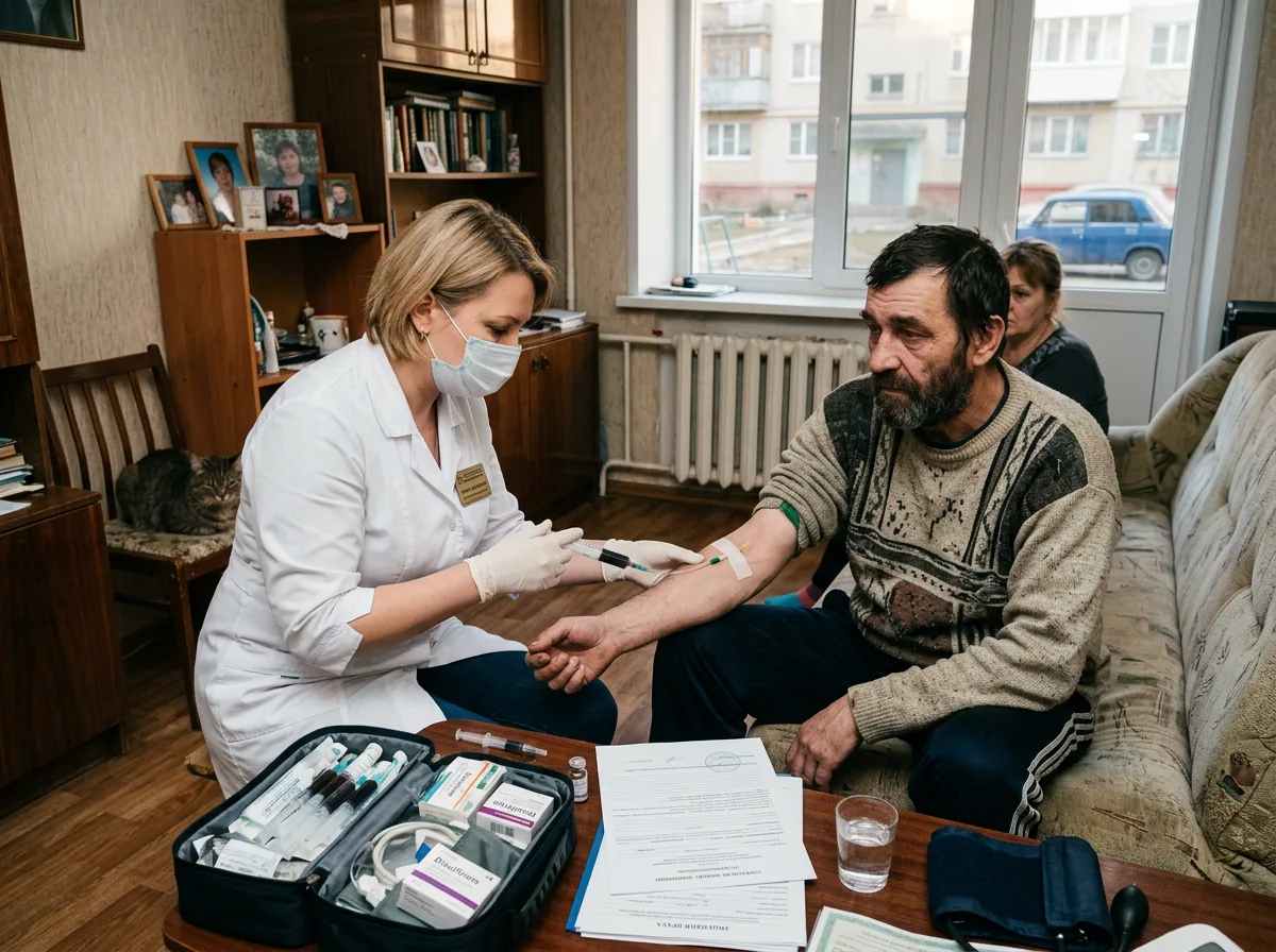 Врач-нарколог проводит медикаментозное кодирование от алкоголизма на дому у пациента в Воронеже