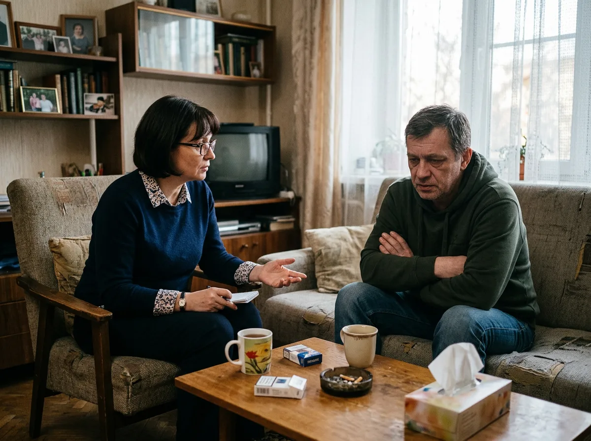 Психолог-нарколог беседует с пациентом, который отказывается от лечения, мотивационная терапия на дому
