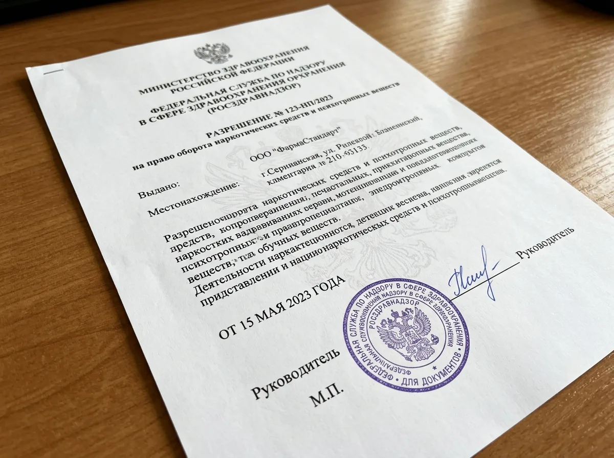 Разрешение на оборот наркотических и психотропных препаратов, официальный документ с печатью Росздравнадзора